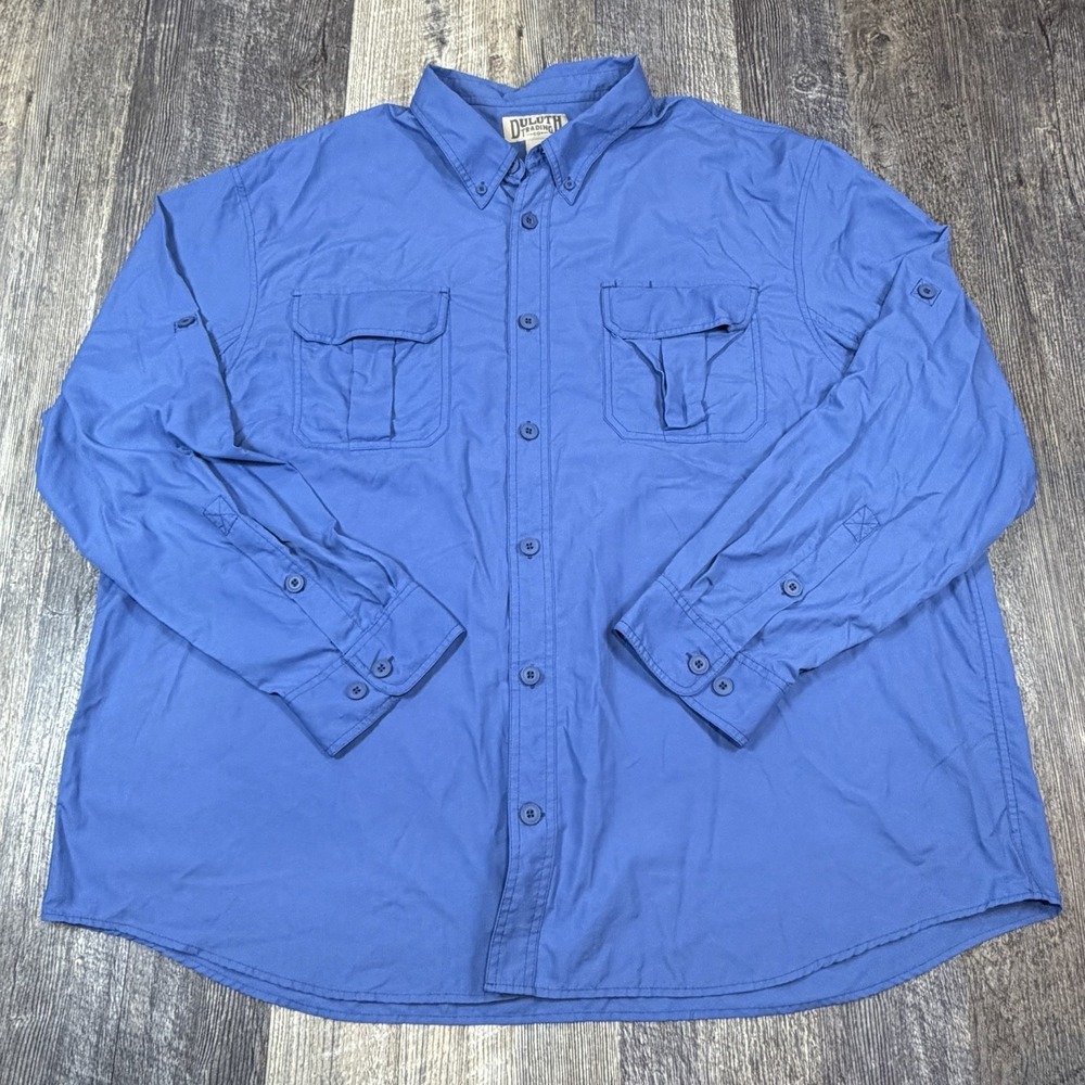 Duluth Trading Nylon Fishing Shirt Men 3XL Blue Long Sleeve Button Down Roll Tab